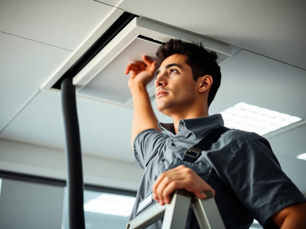 Technician cleaning a commercial ceiling air vent
