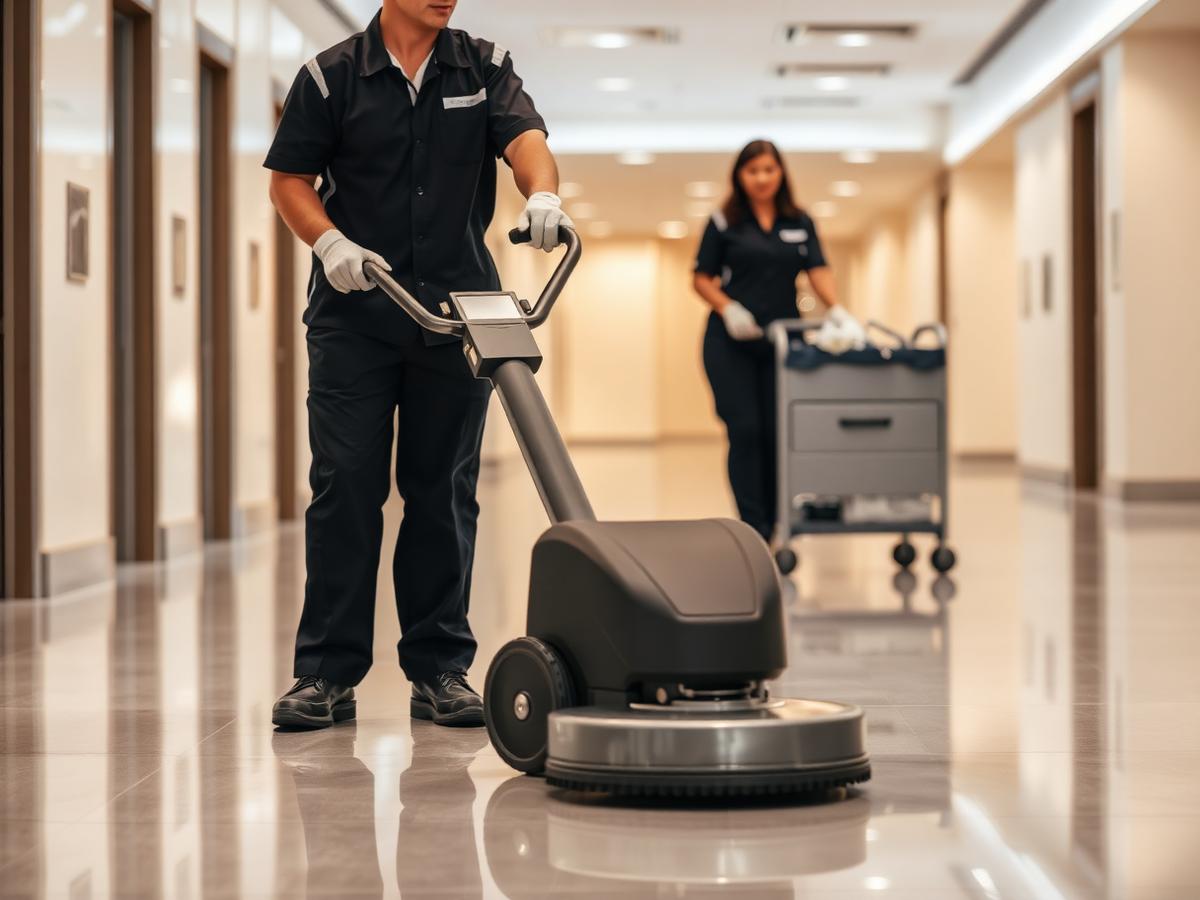 Technician burnishing a polished commercial corridor floor