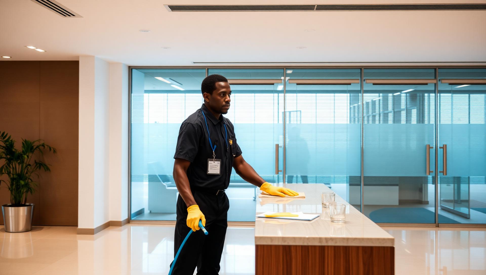 NISS technician performing airborne disinfecting treatment in a corporate office lobby