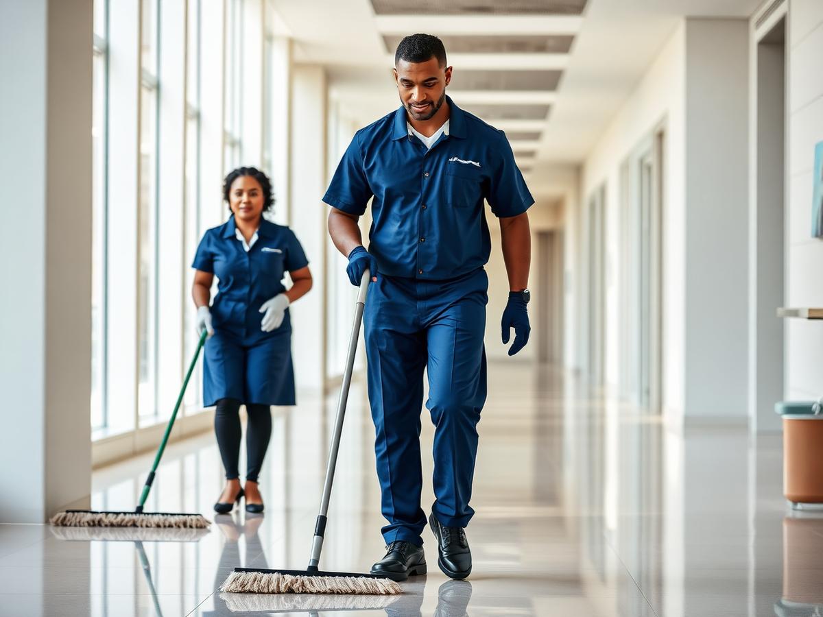 NISS janitorial crew mopping a modern office lobby floor