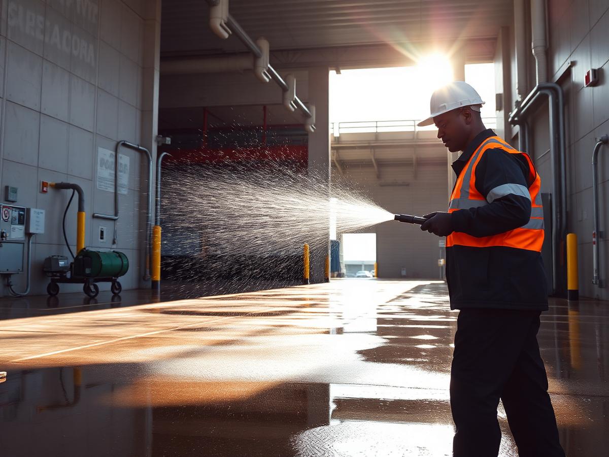 Worker pressure washing an industrial loading dock